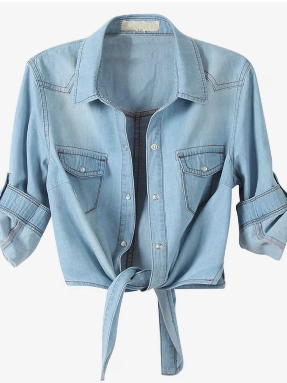 Tie-Front Light Blue Denim Button-Down Shirt for Women